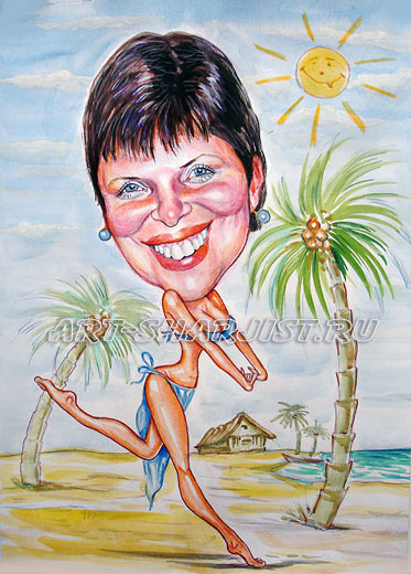 Лето пляж девушка. Картинка шарж на курортника